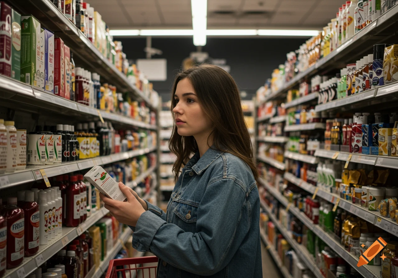 A young woman looks at products on shelves in a grocery store, holding a small box. Photorealistic.