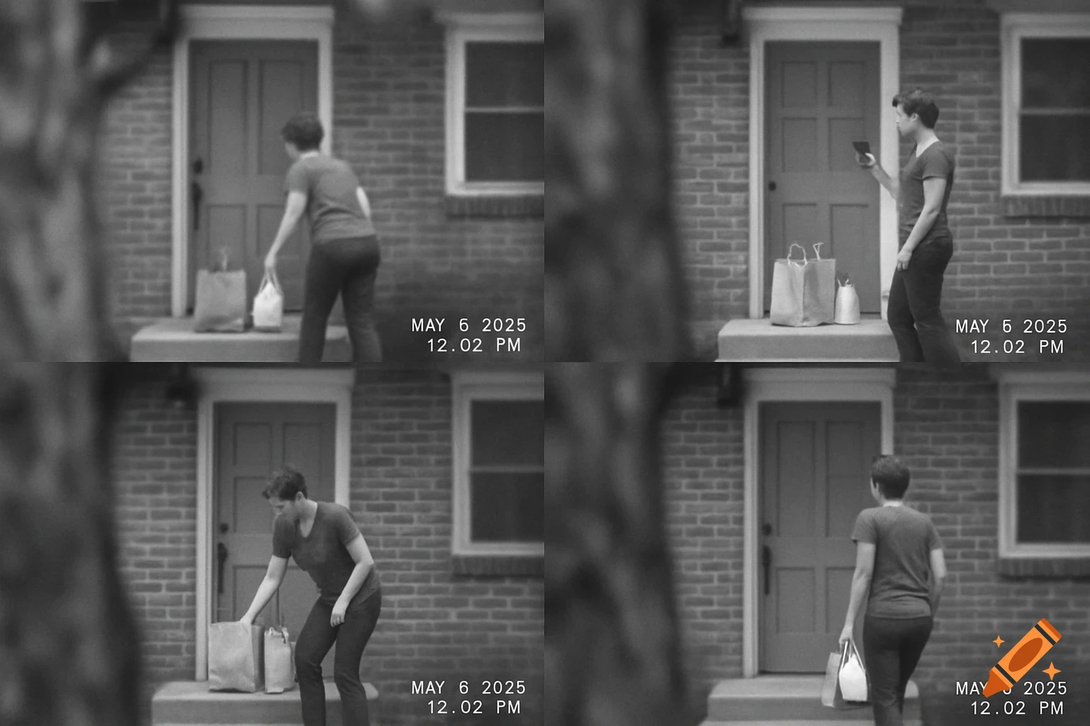 Four black and white security camera panels show a person delivering groceries, checking a phone, and picking up the bags from a doorstep.