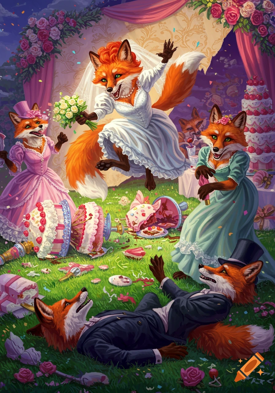 Anthropomorphic foxes at a chaotic wedding with smashed cakes, illustrated.
