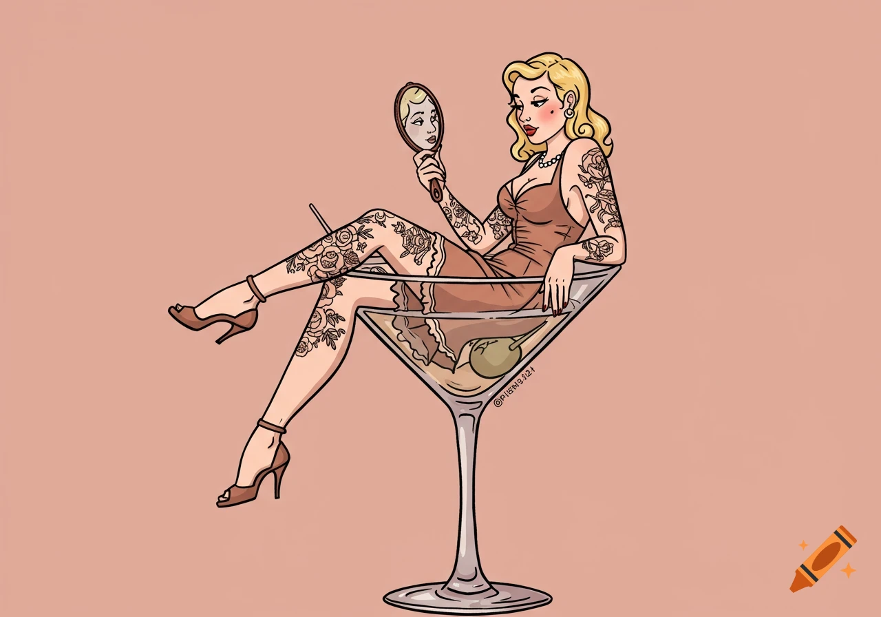 Illustrated tattooed blonde pin-up in dress sitting in martini glass, looking in mirror.