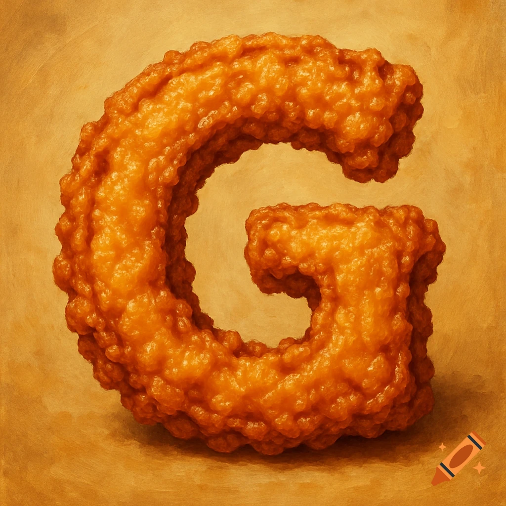 The letter G shaped like a piece of deep-fried food on a brown background.