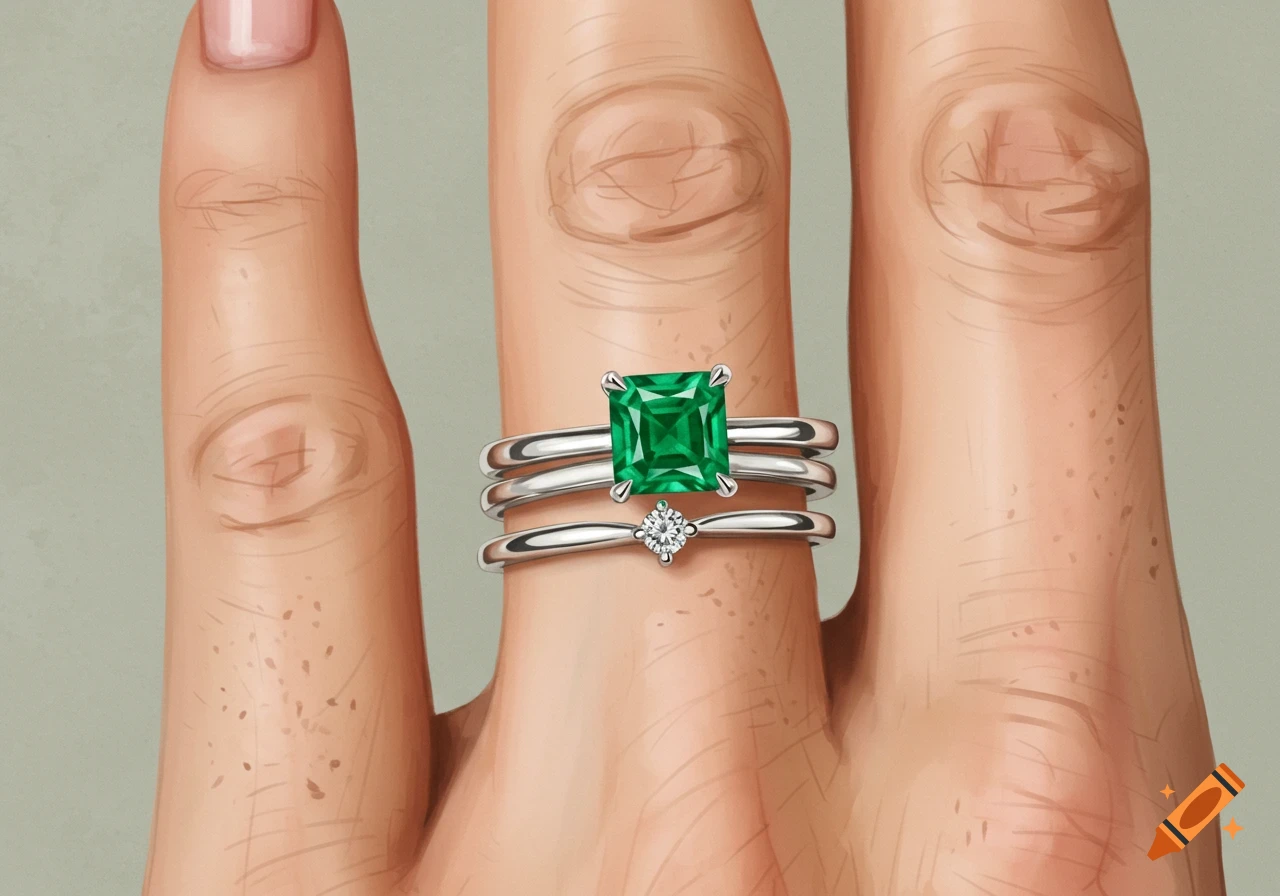 A hand wearing a silver ring with a large square emerald and another with a small diamond.