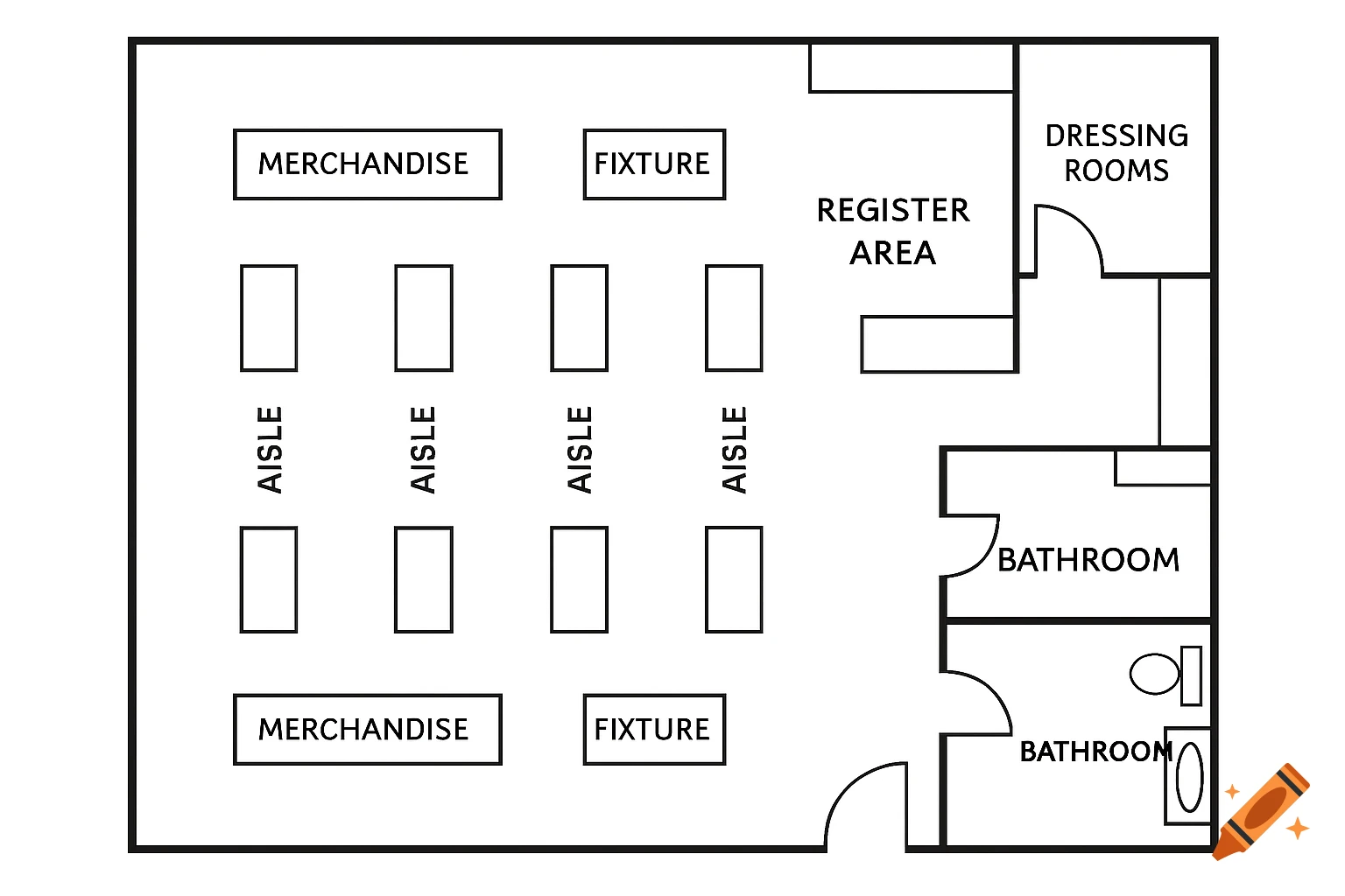 A black and white floor plan of a store, showing aisles, merchandise areas, register, dressing rooms, and bathrooms.