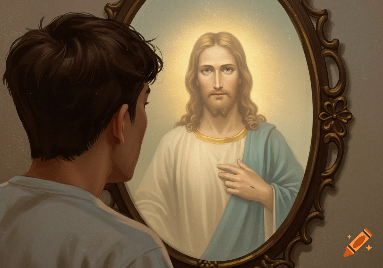 A person looks into a mirror and sees a reflection of Jesus Christ. Digital painting style.