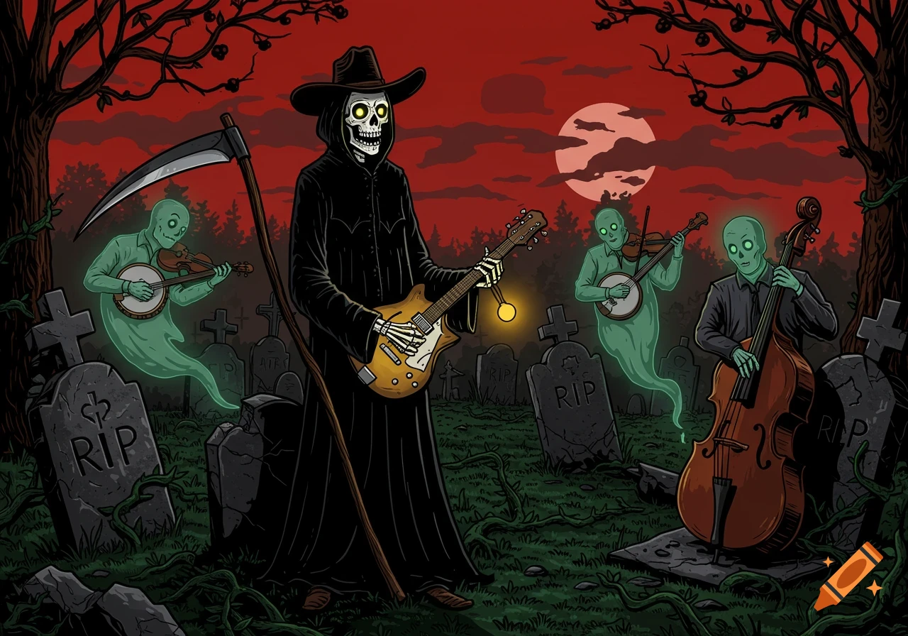 Grim Reaper plays guitar in a cemetery with ghostly musicians under a red sky.