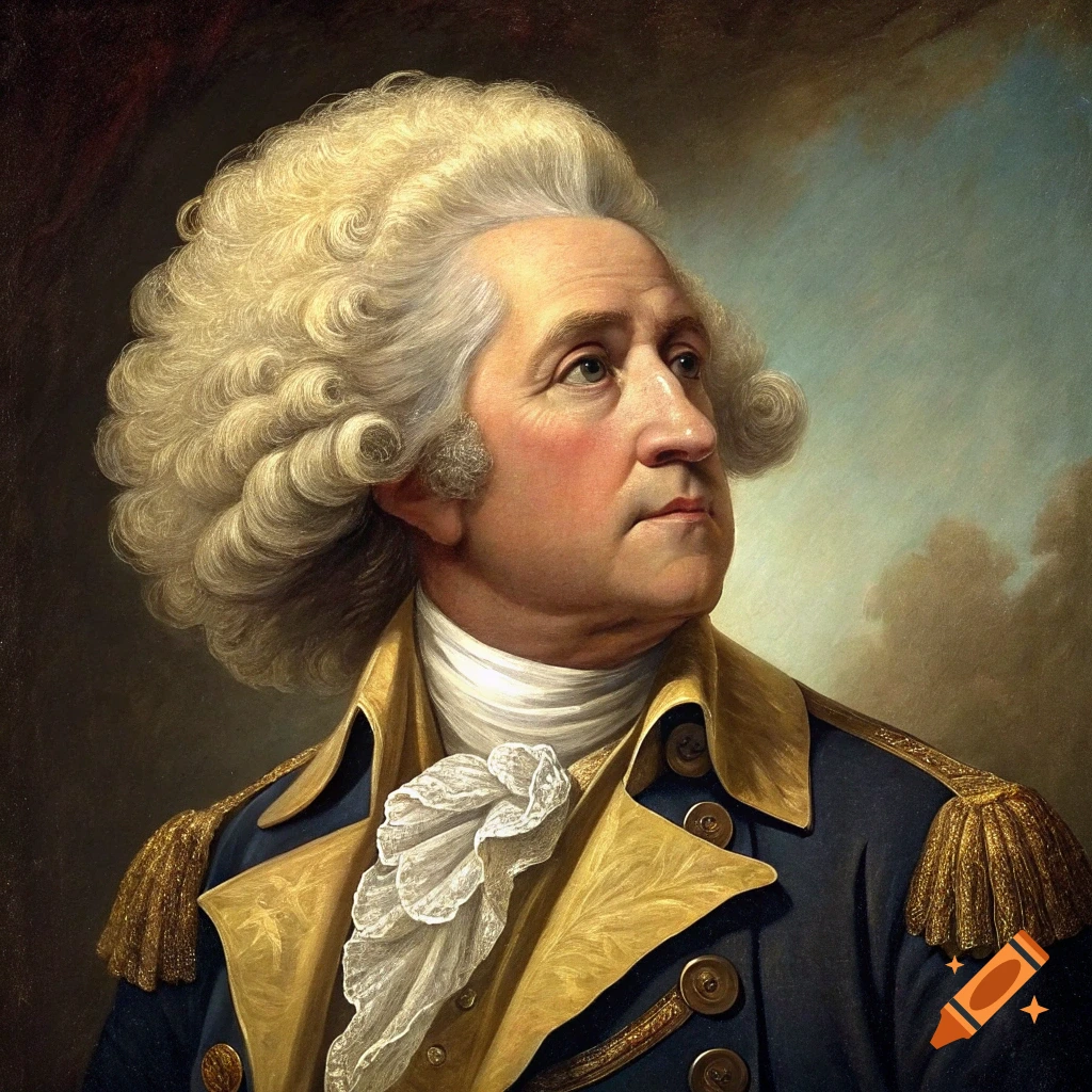 Portrait of George Washington in historical military uniform and powdered wig.