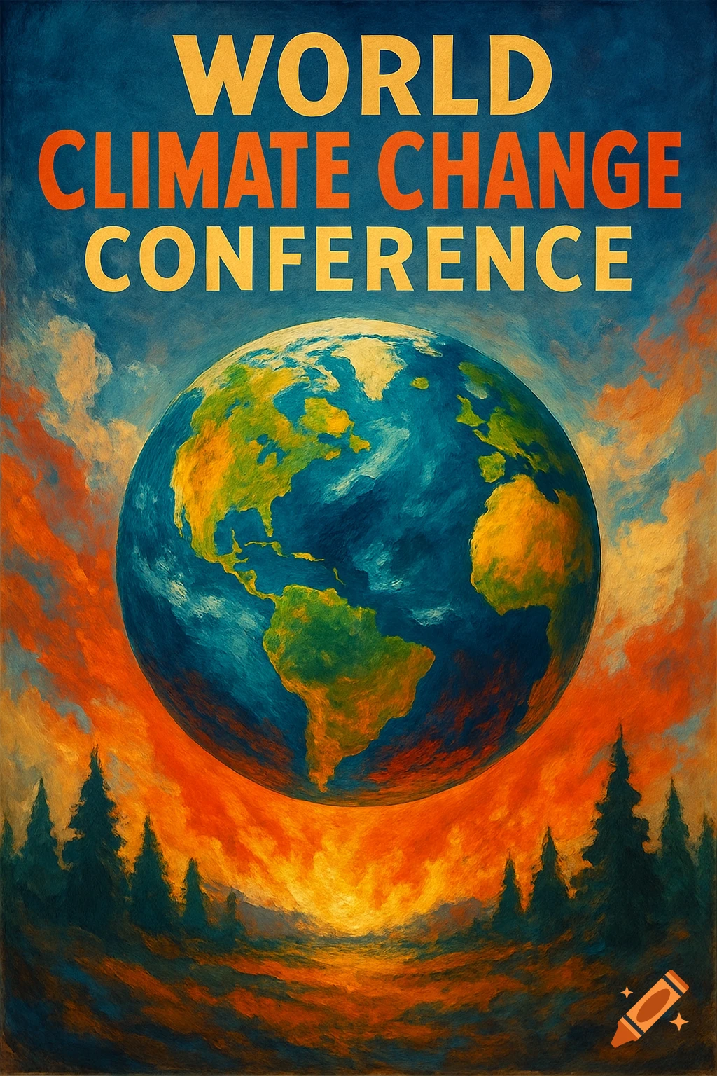 Painting of Earth over fiery sky and trees with text 'WORLD CLIMATE CHANGE CONFERENCE'