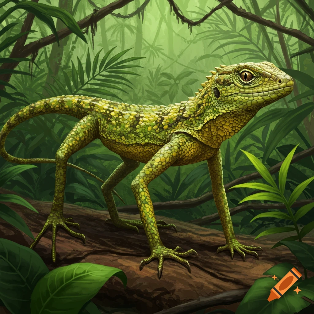 Green and yellow lizard on a log in a jungle, illustration
