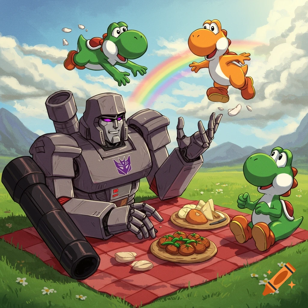 Megatron has a picnic with Yoshis and a rainbow in a cartoon style.