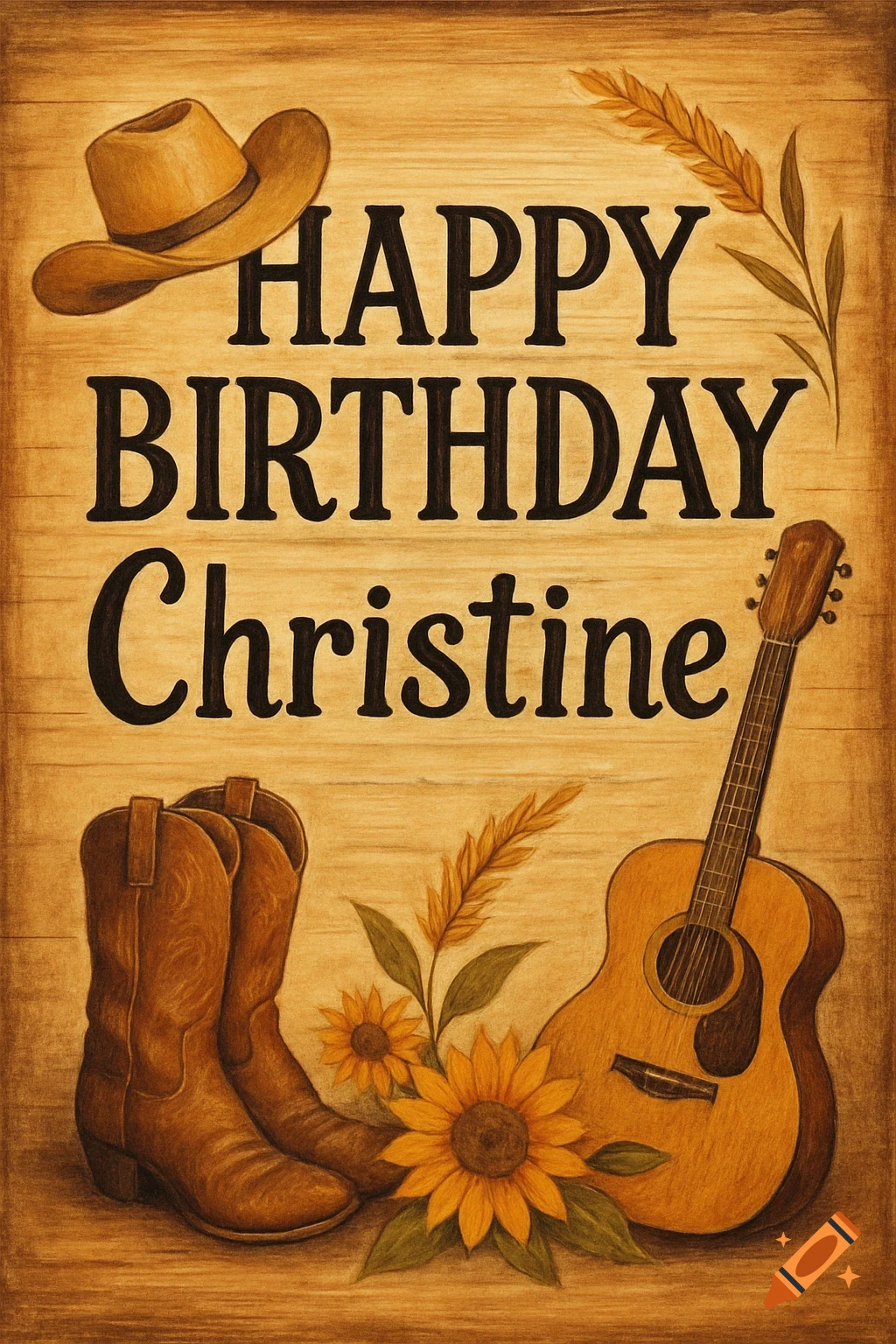 Happy Birthday Christine sign with country boots, guitar, hat, and sunflowers.