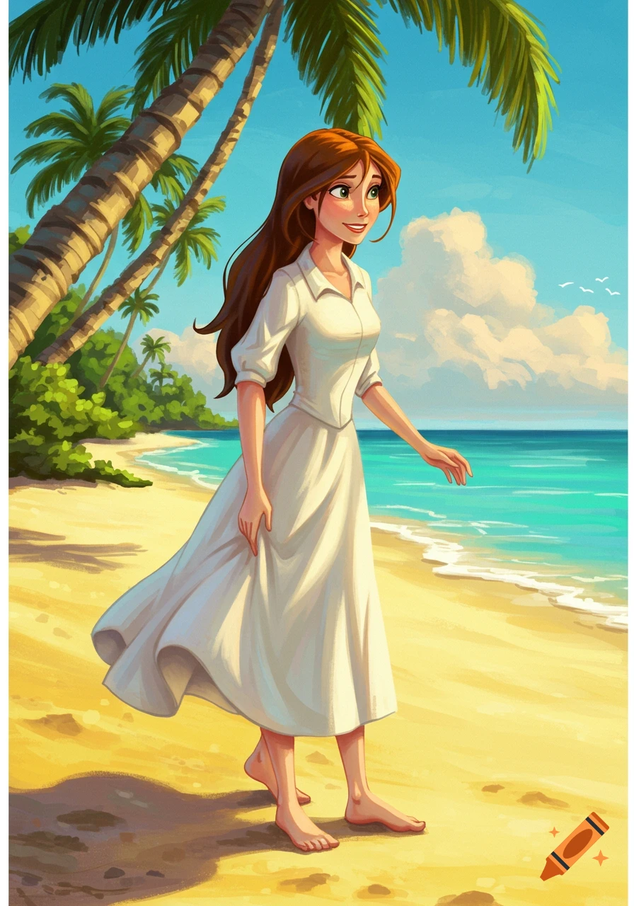 Cartoon woman in a white dress walks on a tropical beach with palm trees.
