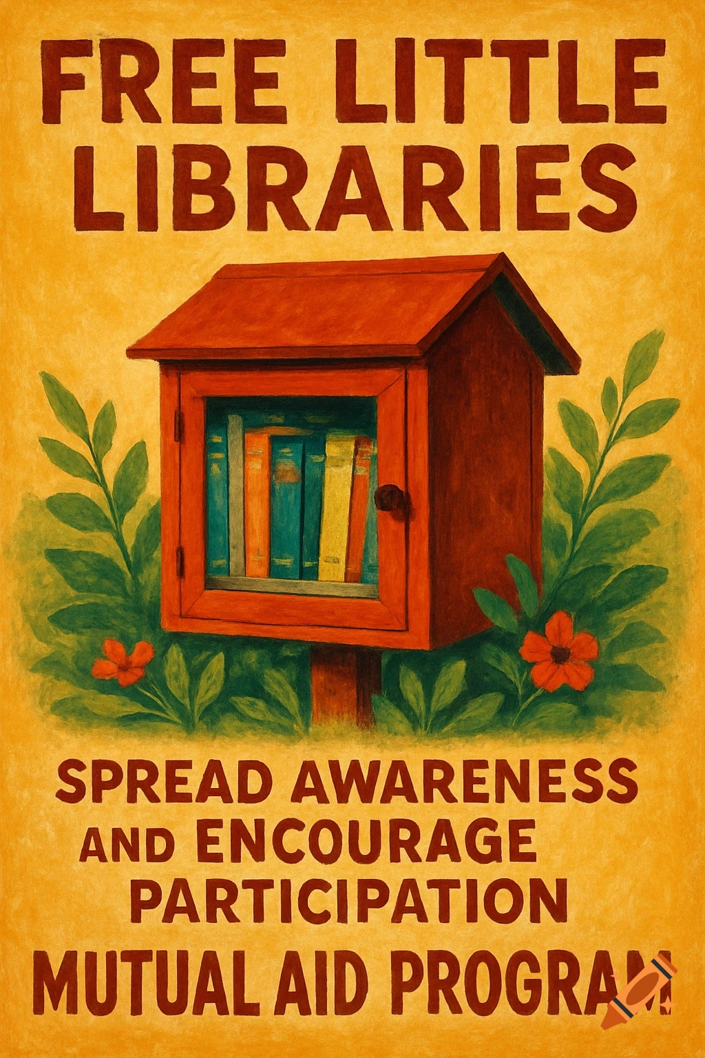 A poster advertising Free Little Libraries, showing a red library box with books and text. Style is illustration.