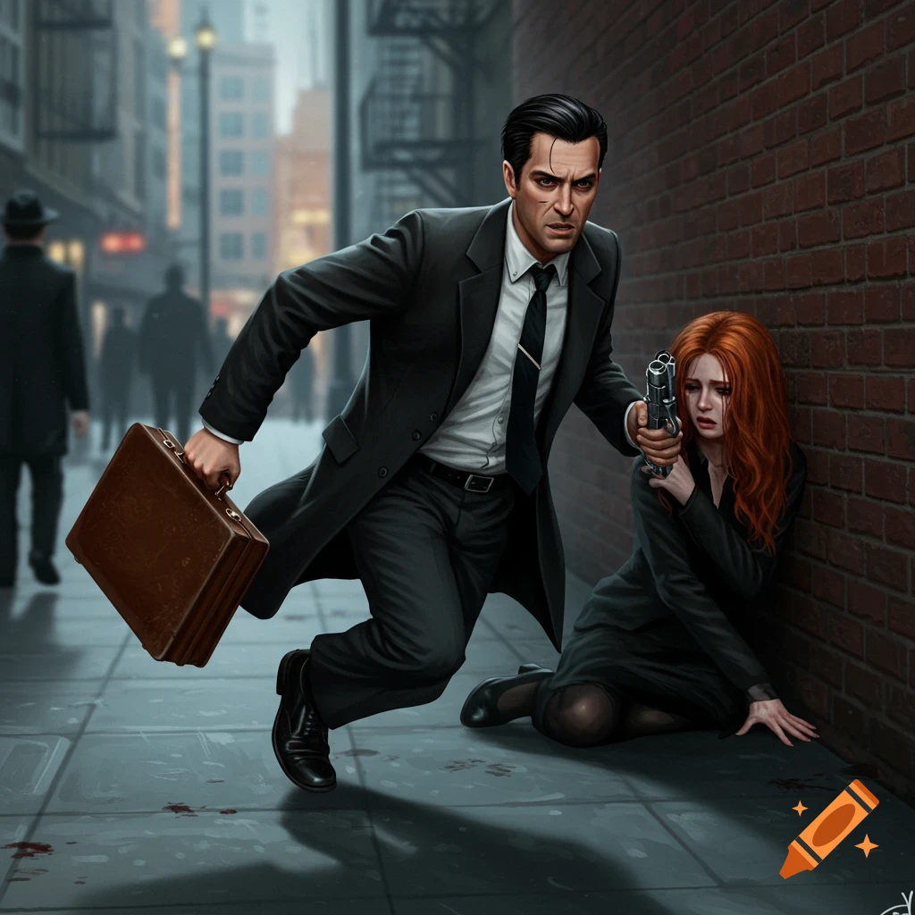 A man in a suit runs with a briefcase and gun, protecting a woman in an alley.