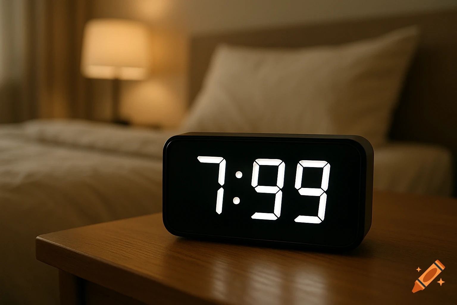 Digital clock showing 7:99 on a nightstand in a bedroom.