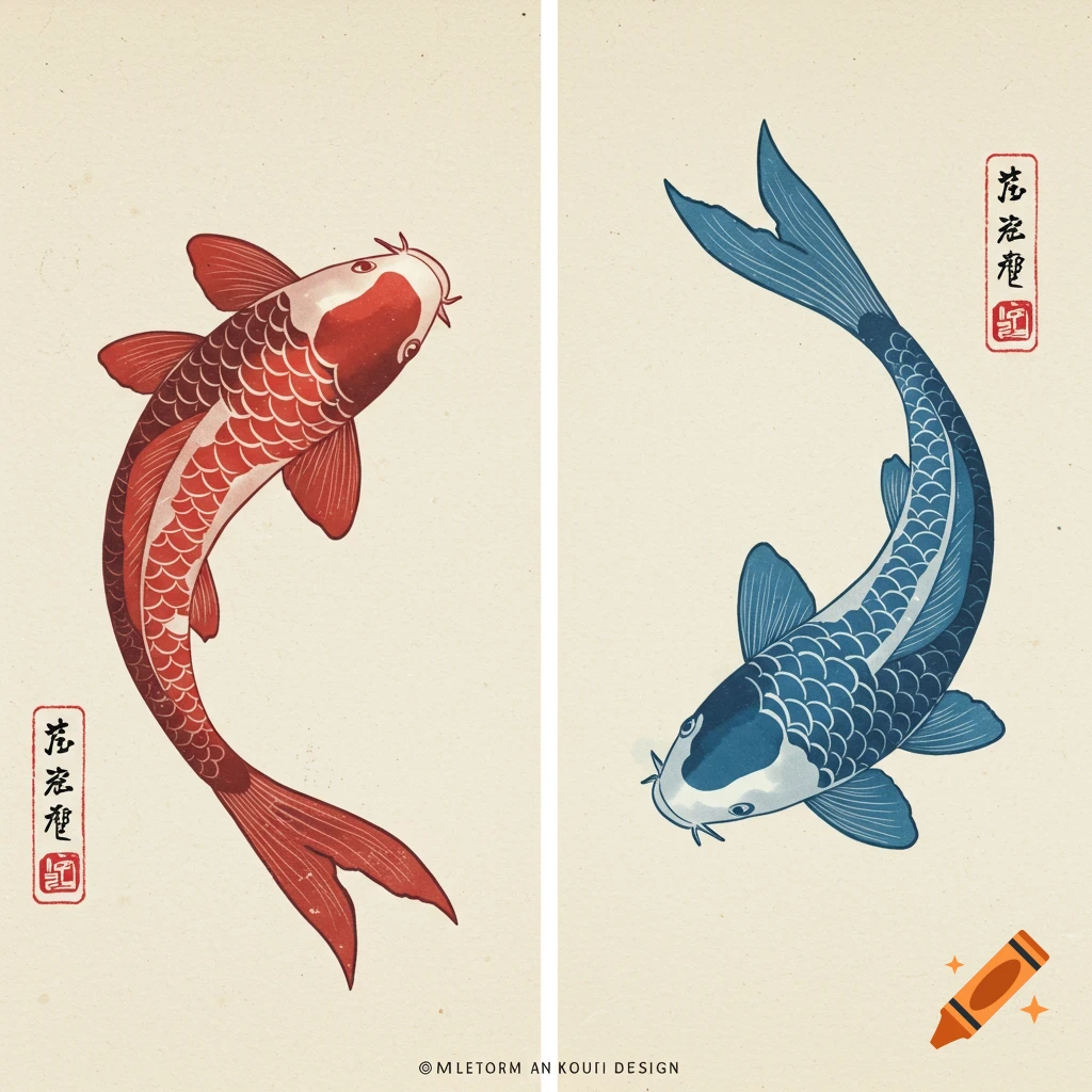 Minimalist Japanese artwork of a red koi fish and a blue koi fish.