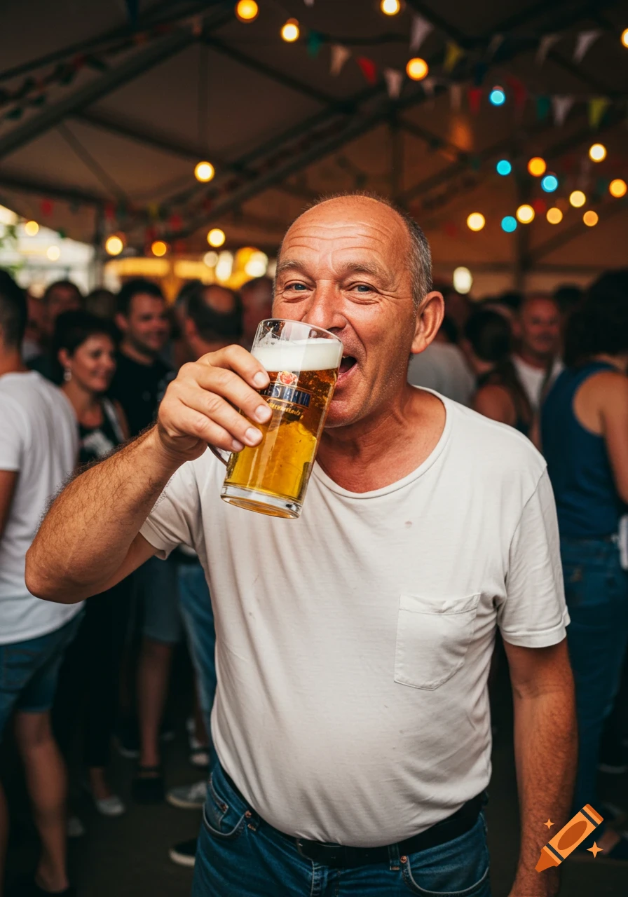 Man smiling and drinking a large glass of beer at a lively outdoor event with festive lights.