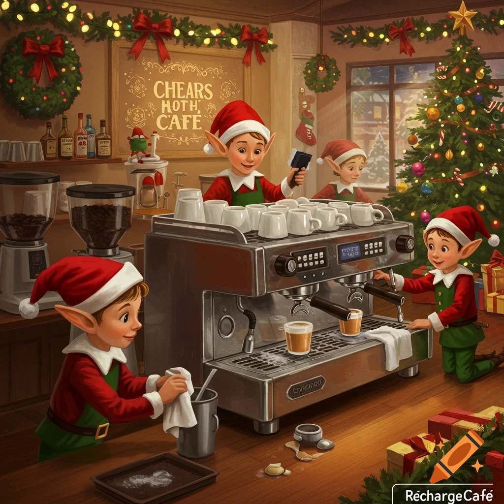 Illustration of Christmas elves cleaning an espresso machine in a festive cafe decorated for the holidays.
