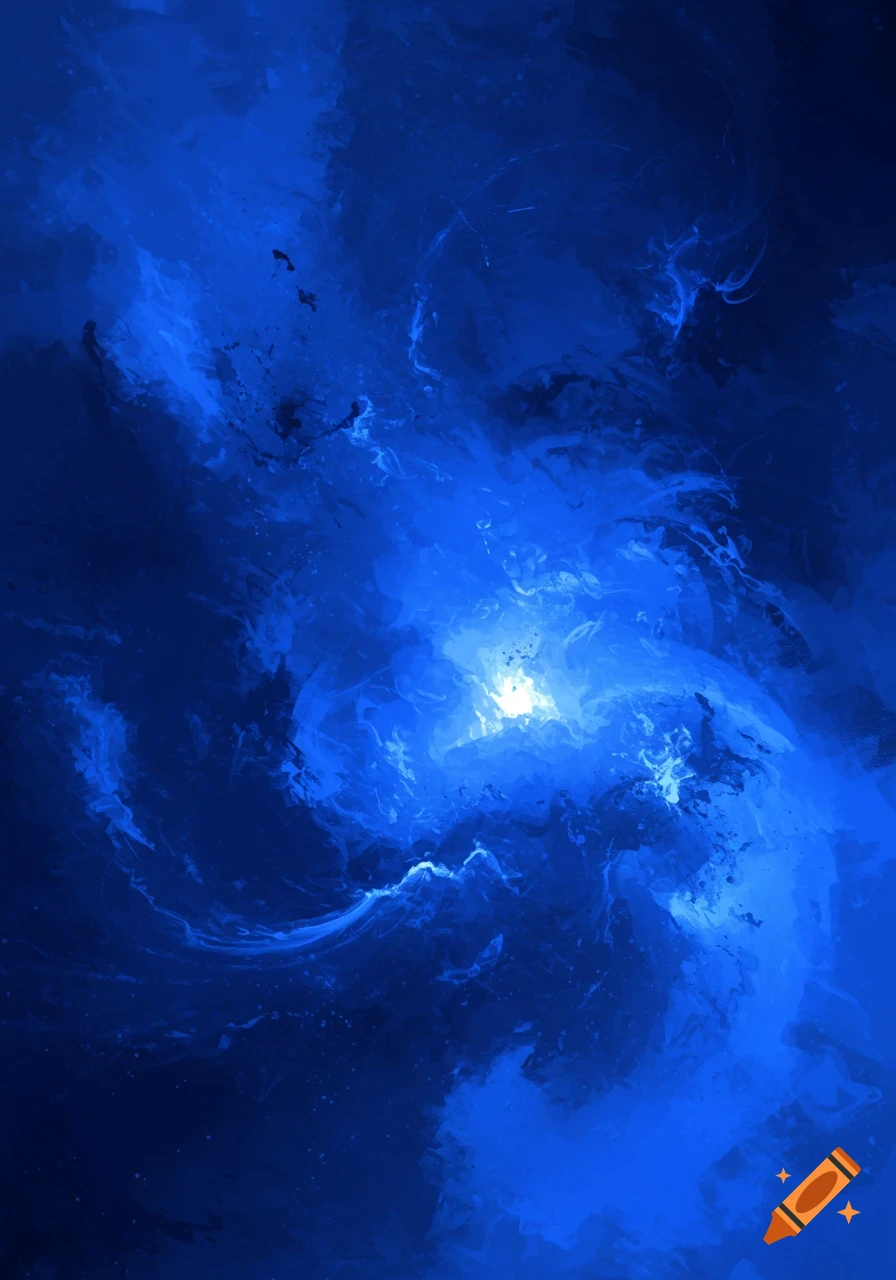Abstract art with swirling monochromatic blue tones and a bright light
