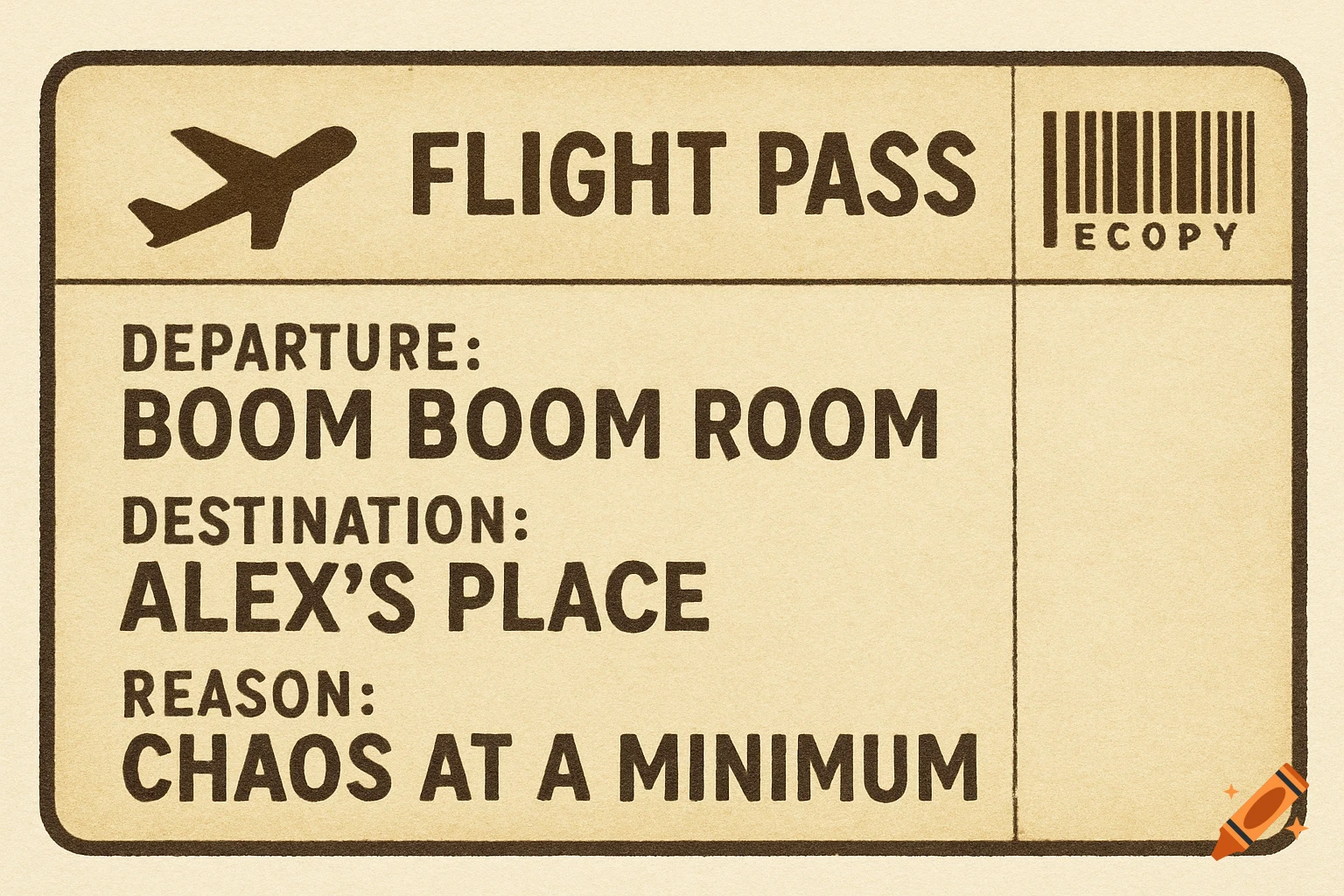 A vintage flight pass ticket with departure, destination, and reason listed.