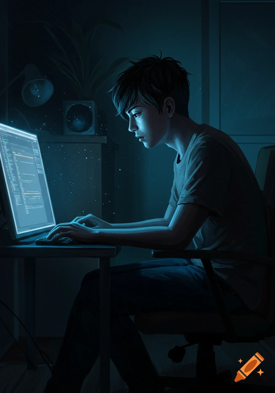 Person working on a computer with code on screen in a dark room