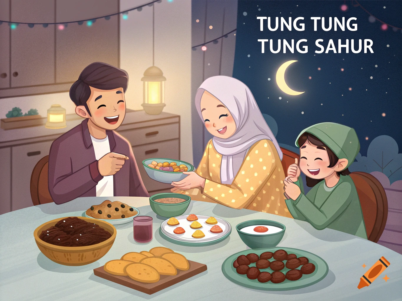 Cartoon illustration of a Muslim family eating a meal at night with text "TUNG TUNG TUNG SAHUR".