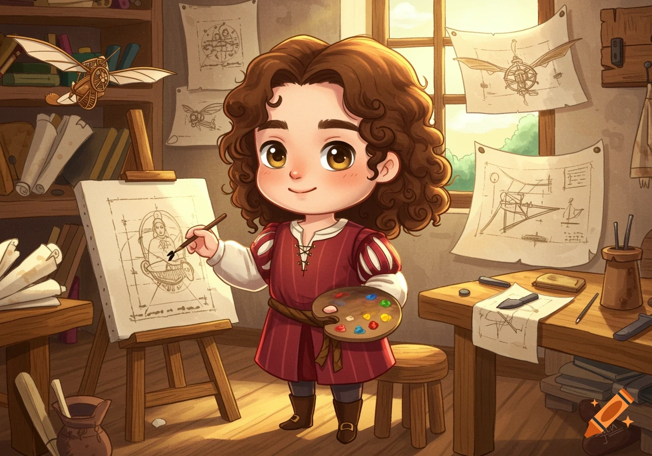 Cute cartoon of young Leonardo da Vinci painting in workshop with invention sketches.