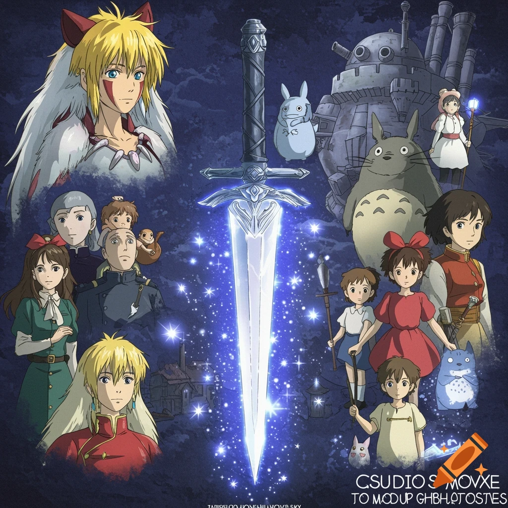 A collage of Studio Ghibli characters surrounding a glowing magical sword in an anime style.