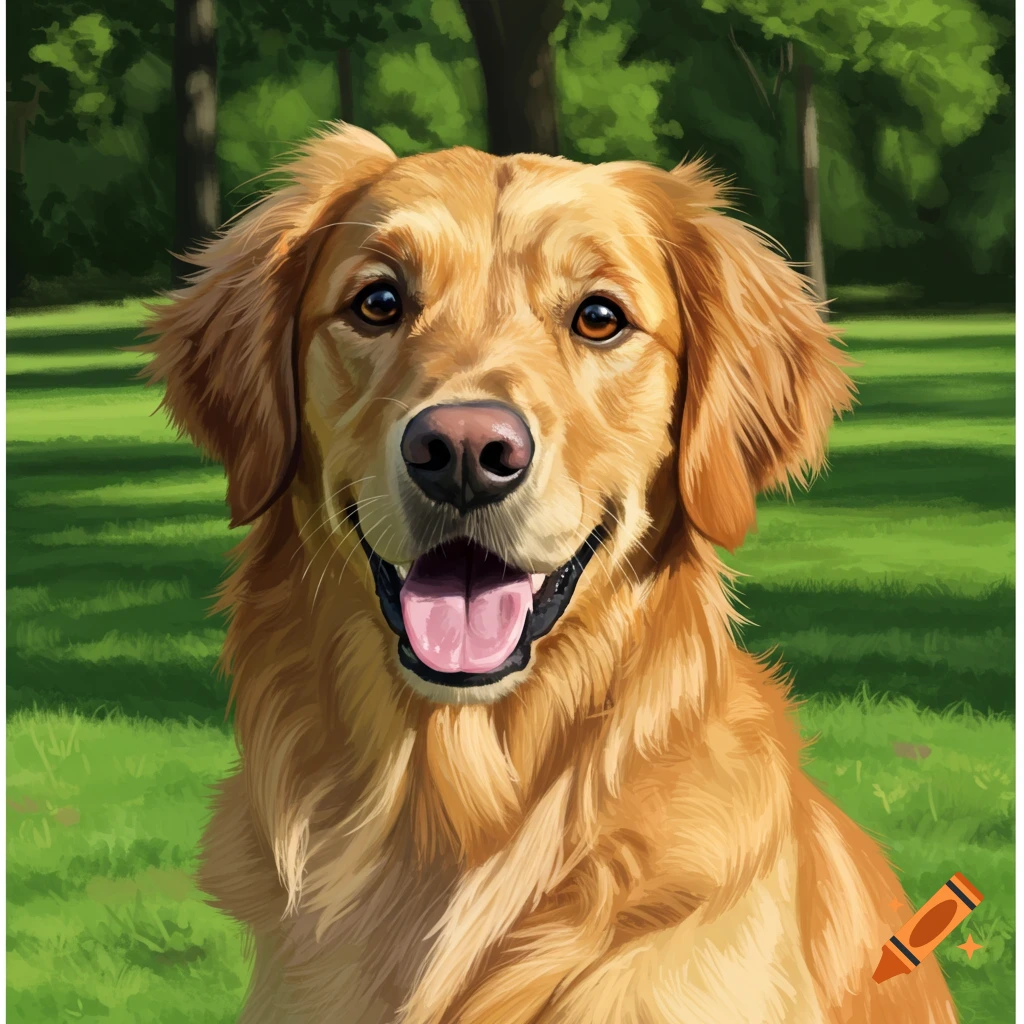 A close-up portrait of a smiling golden retriever dog in a park.