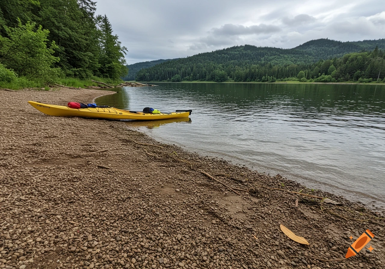 Yellow kayak resting on a gravel beach next to a lake, with forested hills in the background.