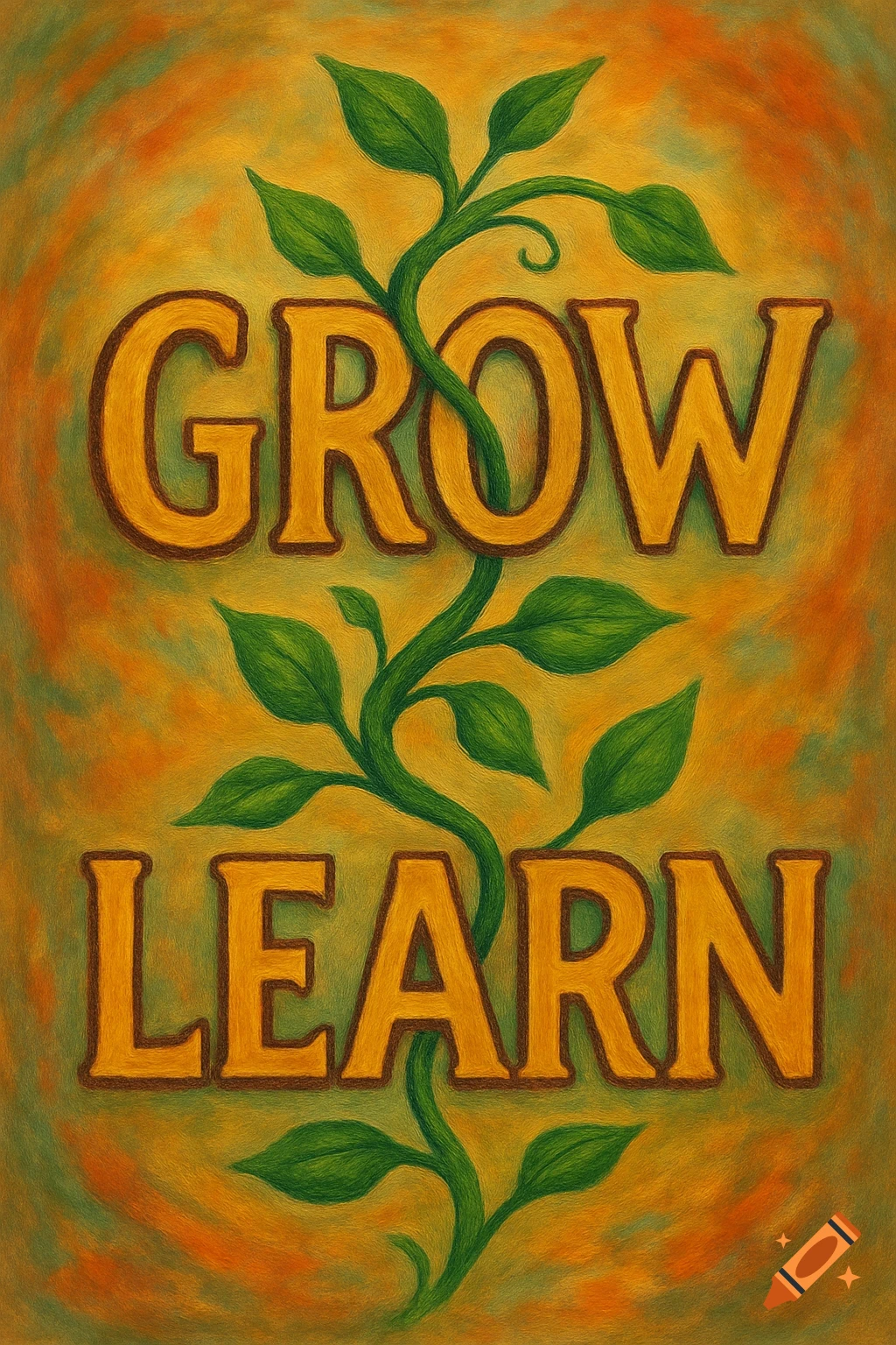 Text art of 'GROW' and 'LEARN' with a vine on a textured background.