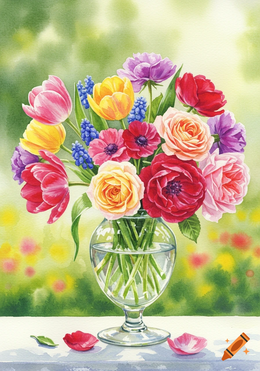 Watercolor painting of a colorful bouquet in a glass vase