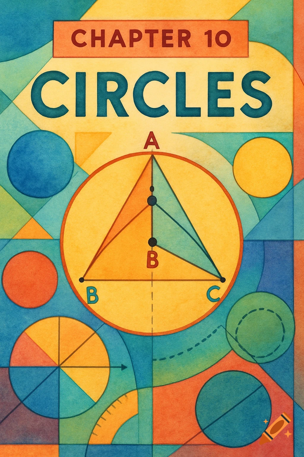 Geometric illustration book cover for Chapter 10 Circles with math diagram and watercolor texture.