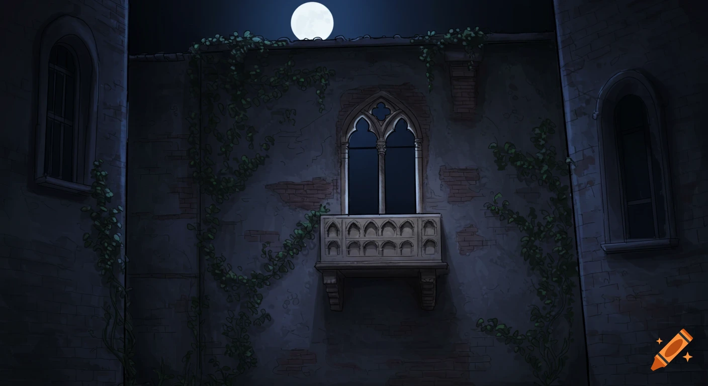 Drawn scene of a building at night with a prominent window, balcony, climbing vines, and a full moon.