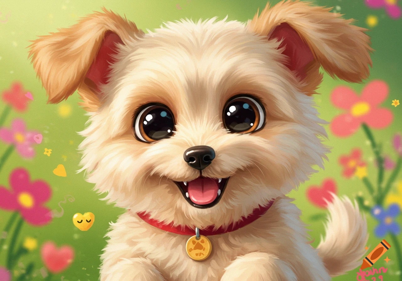 A fluffy, big-eyed puppy smiles in a field of colorful flowers, illustration style.