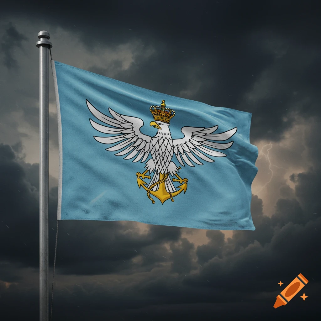 A light blue flag with a white eagle holding a gold anchor and wearing a crown, against a dark, stormy sky.