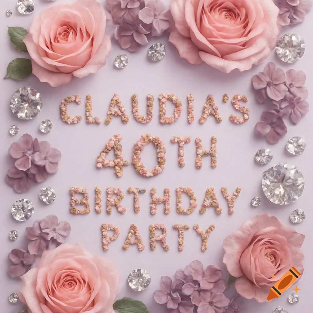 Floral text 'Claudia's 40th Birthday Party' with pink roses, purple flowers, and diamonds on a lavender background.