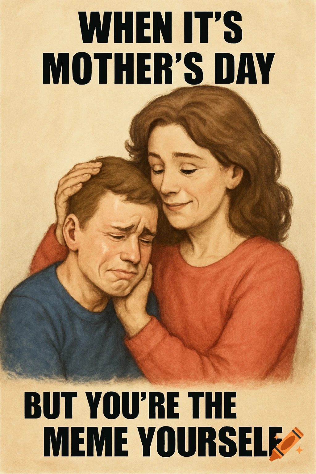 Illustration of a mother comforting her crying son, with meme text 'WHEN IT'S MOTHER'S DAY BUT YOU'RE THE MEME YOURSELF'