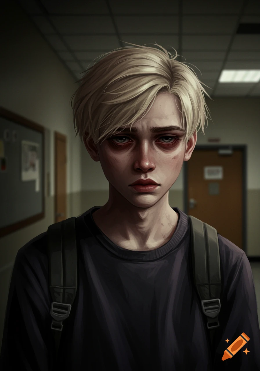 Portrait of a tired teenage boy with dark circles under his eyes in a school hallway.
