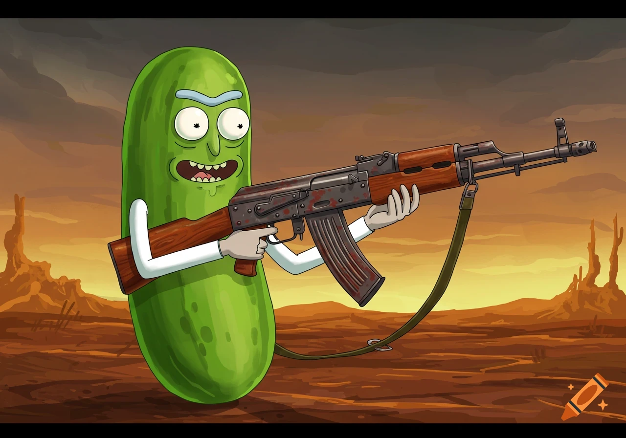 Pickle Rick holding an AK-47 rifle in a desert landscape.