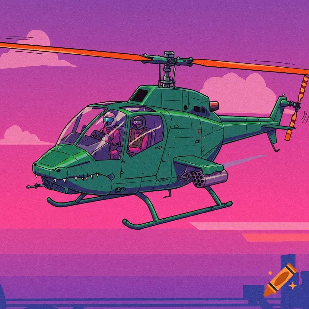 Stylized green helicopter with an alligator face flies over a city skyline against a colorful sky.