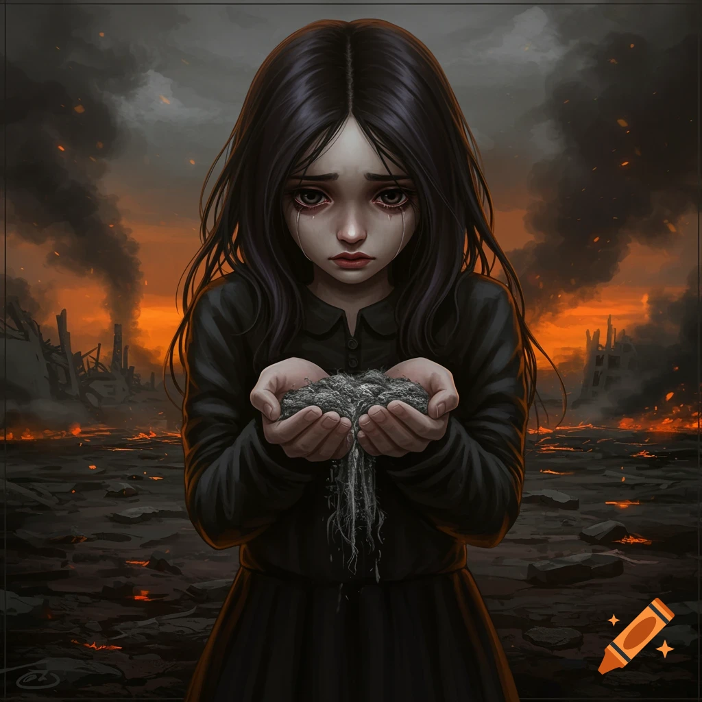 Sad girl holds ashes against backdrop of burning, destroyed city. Digital art.