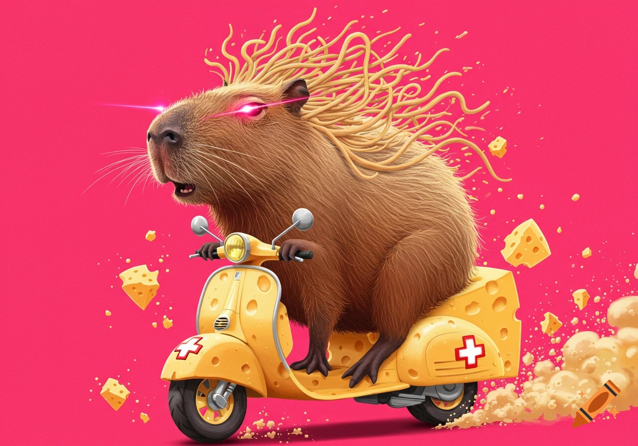 A giant capybara with spaghetti hair and glowing laser eyes rides a yellow Vespa made of cheese against a pink background.