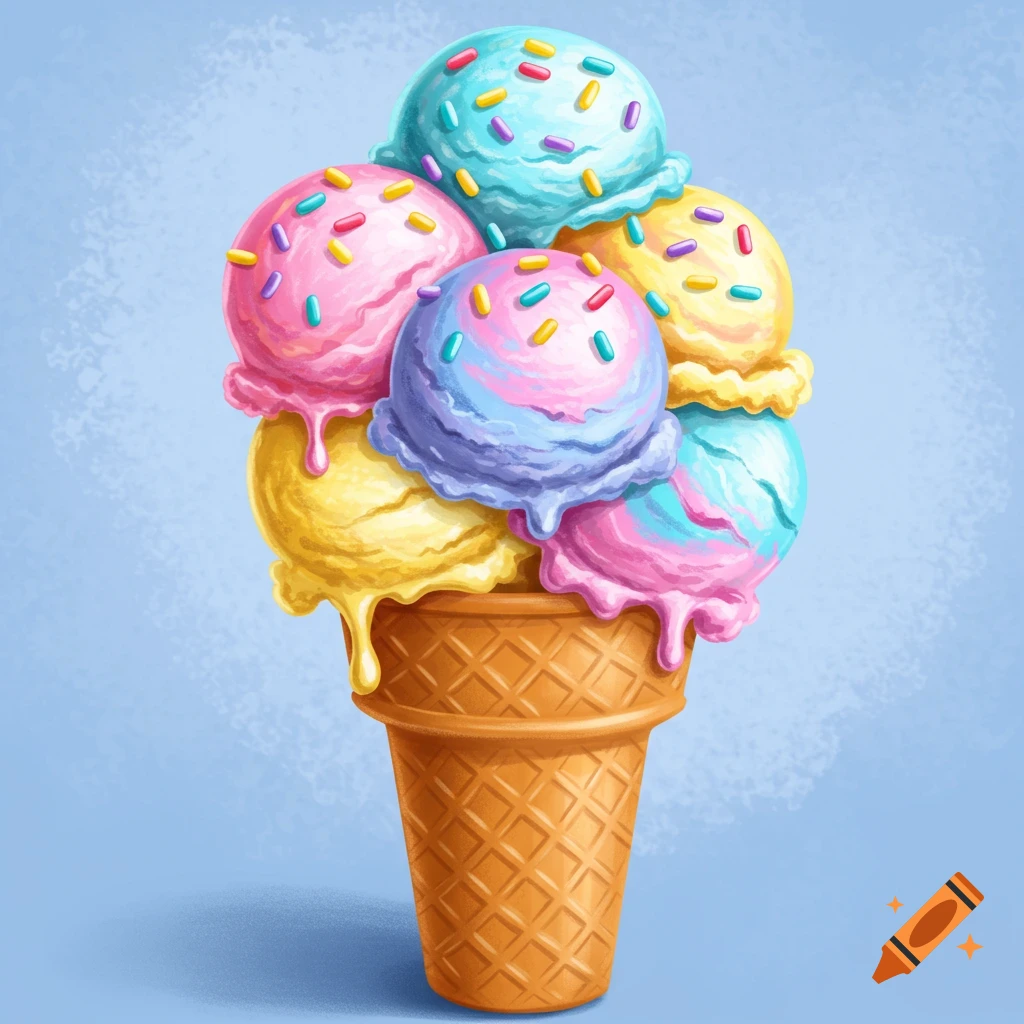 Illustrated ice cream cone with multiple colorful scoops, sprinkles, and melting drips against a blue background.