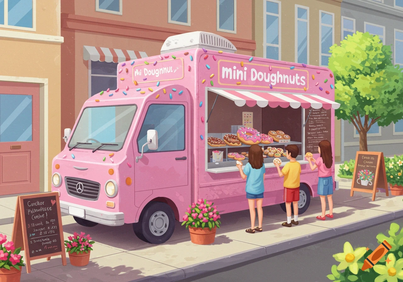 Illustration of a pink mini doughnut food truck with people buying donuts.