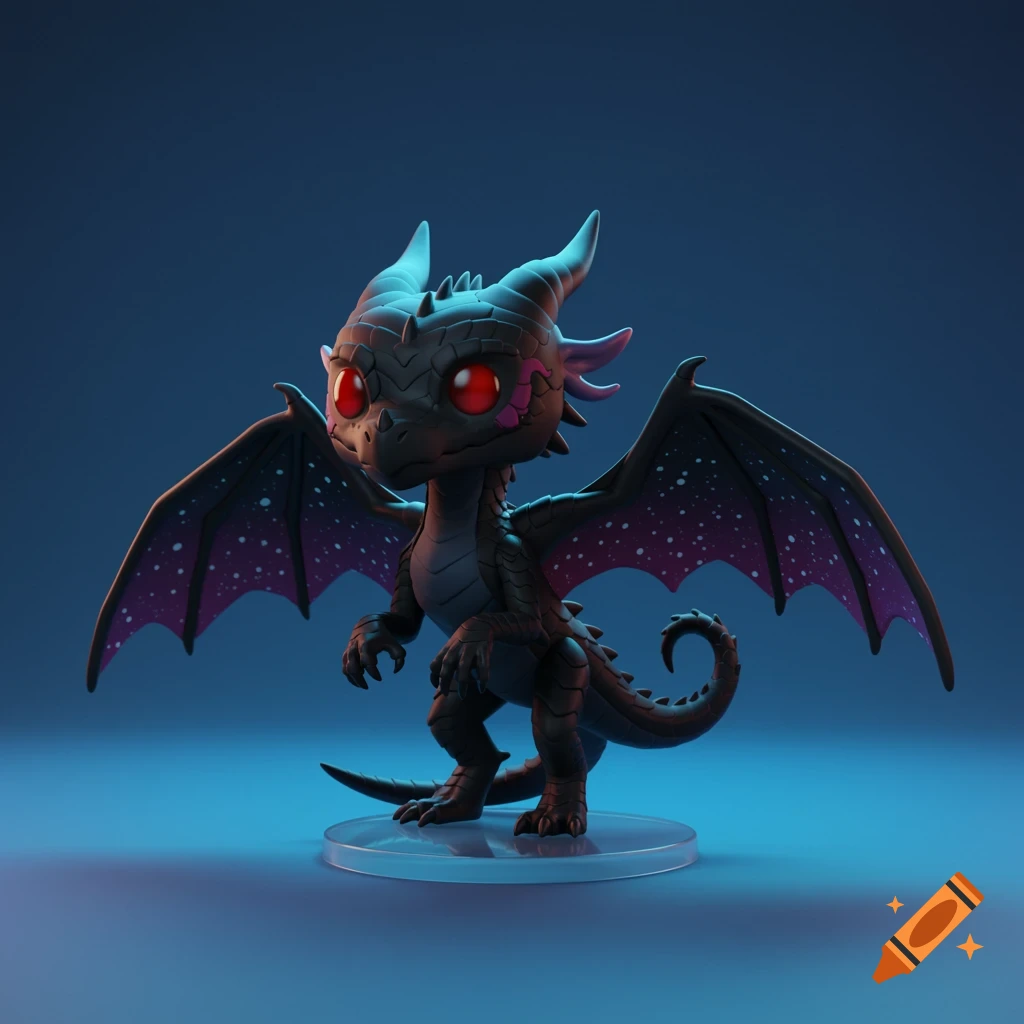 A stylized black dragon figure with red eyes and purple wings stands on a clear base against a blue background.
