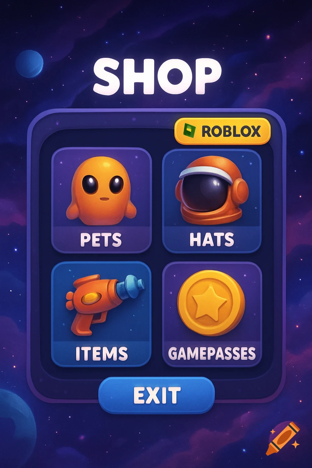 Space themed Roblox shop UI showing options for pets, hats, items, gamepasses, and exit.