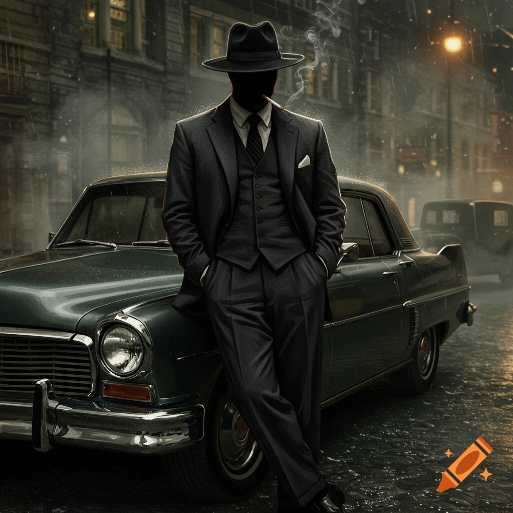 A man in a suit and fedora with a blacked-out face smokes beside a vintage car on a rainy street. Noir style.