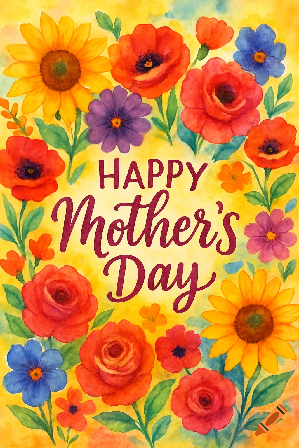 Watercolor illustration of colorful flowers framing the text "Happy Mother's Day".