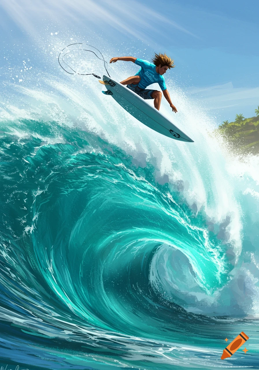 Digital painting of a surfer doing an air on a large teal wave.