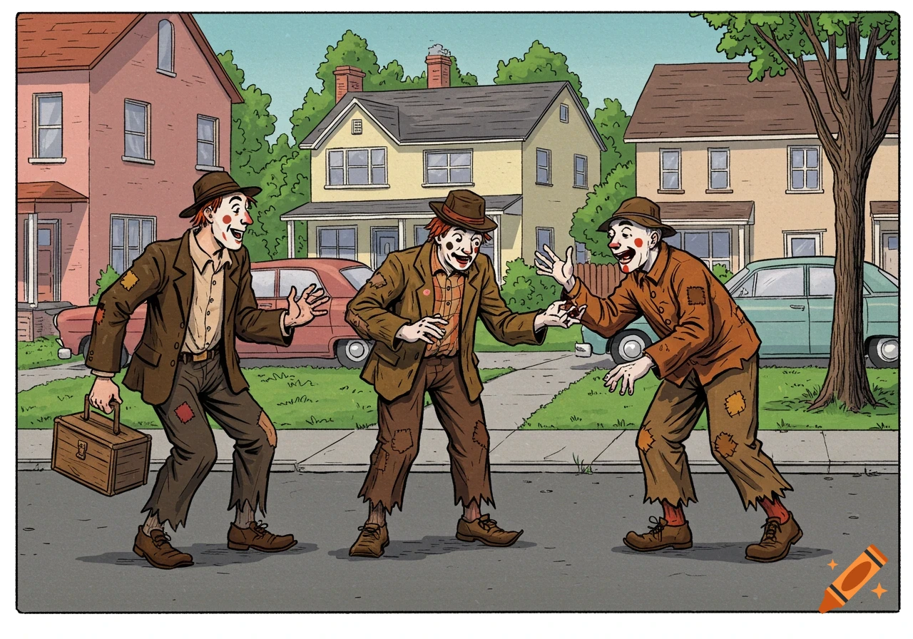 Three clown-like hobos on a suburban street illustration.